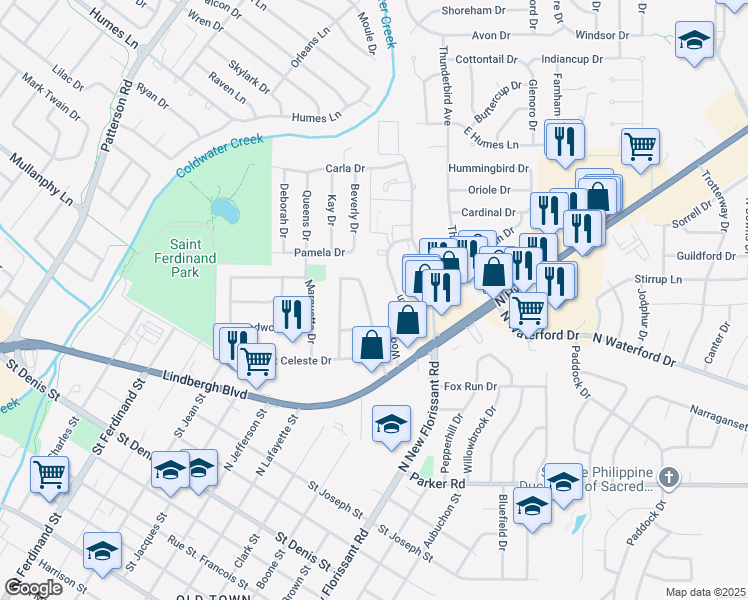 map of restaurants, bars, coffee shops, grocery stores, and more near 1775 Woodridge Lane in Florissant