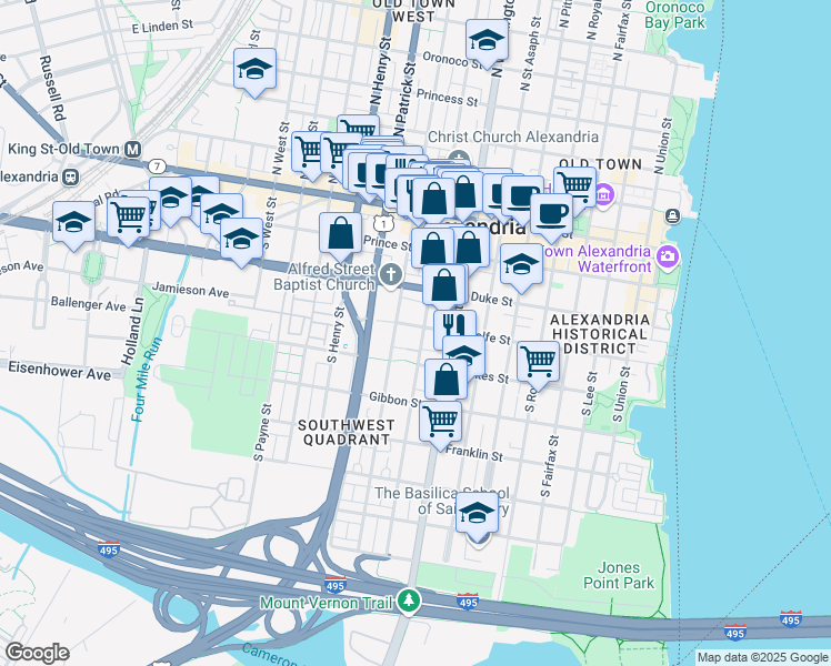 map of restaurants, bars, coffee shops, grocery stores, and more near 411 South Columbus Street in Alexandria