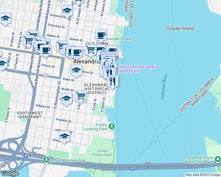 map of restaurants, bars, coffee shops, grocery stores, and more near 2 Duke Street in Alexandria