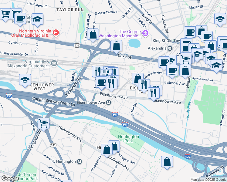 map of restaurants, bars, coffee shops, grocery stores, and more near 2415 Eisenhower Avenue in Alexandria