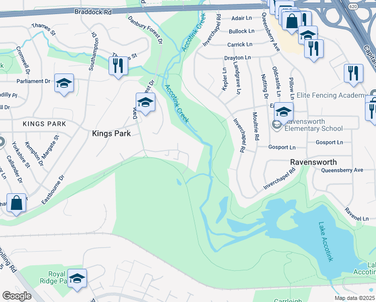 map of restaurants, bars, coffee shops, grocery stores, and more near 8348 Uxbridge Court in Springfield