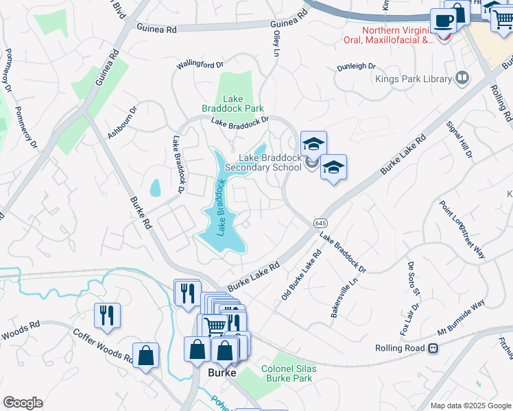 map of restaurants, bars, coffee shops, grocery stores, and more near 5472 Truxion Court in Burke