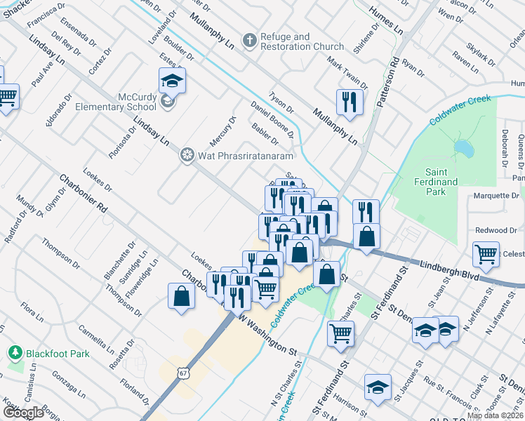 map of restaurants, bars, coffee shops, grocery stores, and more near 725 Lindsay Lane in Florissant