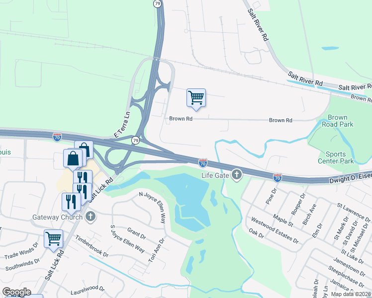 map of restaurants, bars, coffee shops, grocery stores, and more near 412 North Service Road in St. Peters