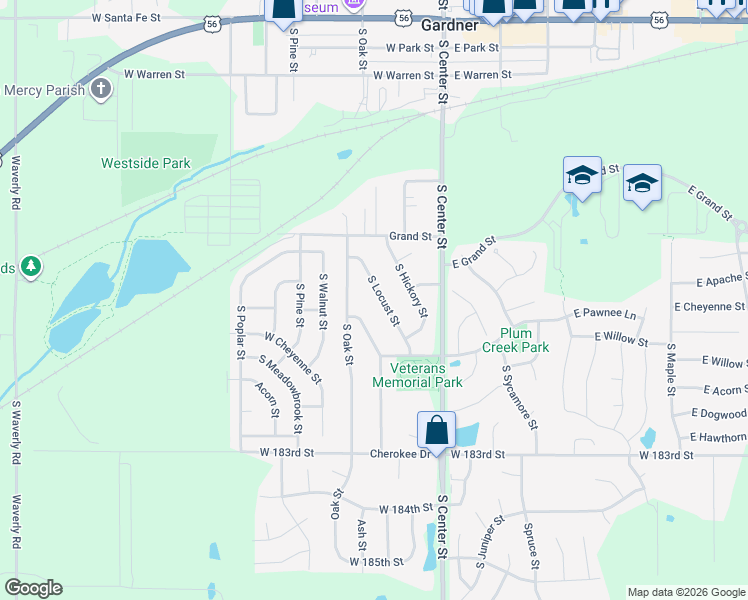 map of restaurants, bars, coffee shops, grocery stores, and more near 602 South Locust Street in Gardner