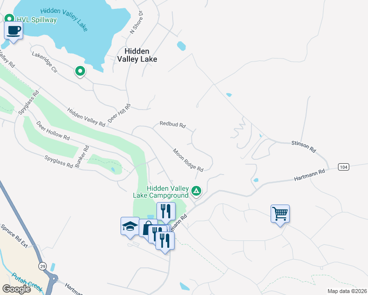 map of restaurants, bars, coffee shops, grocery stores, and more near 17937 Moon Hill Court in Hidden Valley Lake
