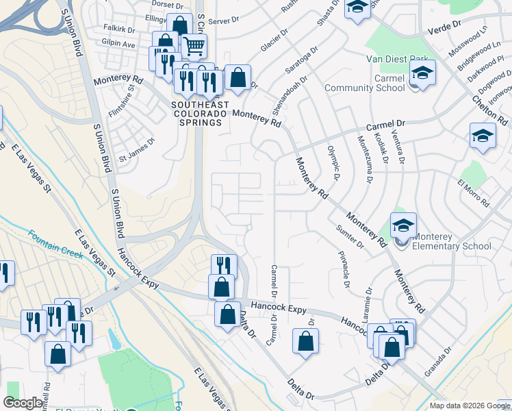 map of restaurants, bars, coffee shops, grocery stores, and more near 2755 Scotchbroom Point in Colorado Springs