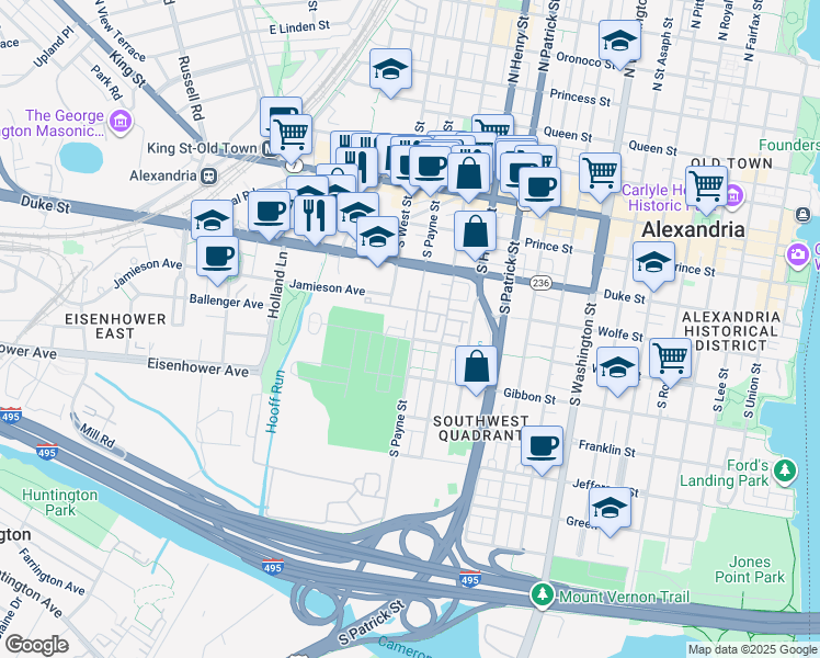 map of restaurants, bars, coffee shops, grocery stores, and more near 421 South Payne Street in Alexandria