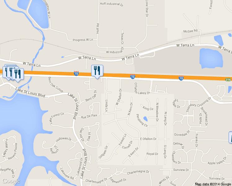 map of restaurants, bars, coffee shops, grocery stores, and more near 53 West Ofallon Drive in O'Fallon