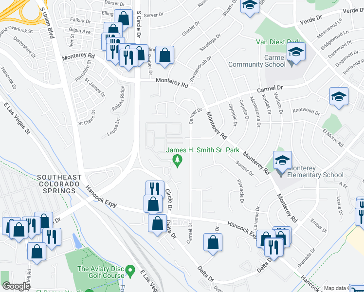 map of restaurants, bars, coffee shops, grocery stores, and more near 2775 Scotchbroom Point in Colorado Springs