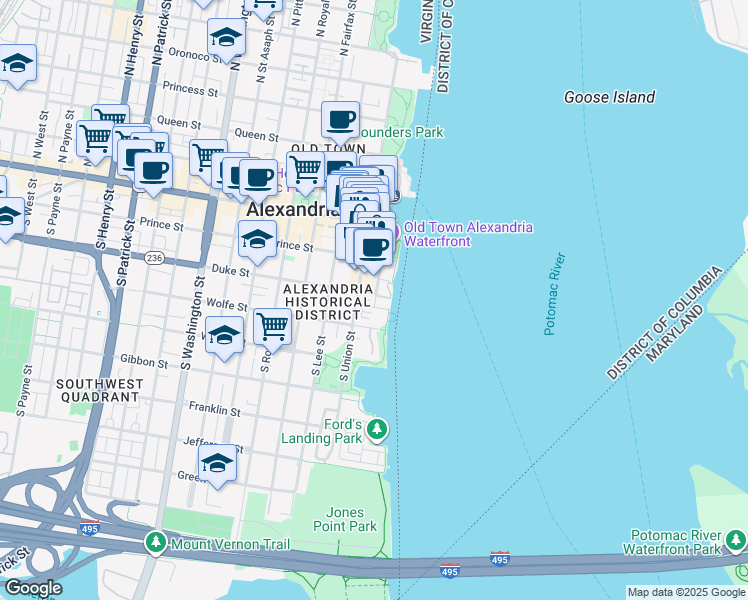 map of restaurants, bars, coffee shops, grocery stores, and more near 2 Duke Street in Alexandria