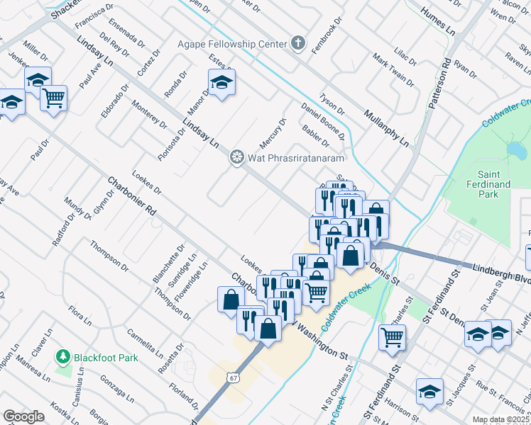 map of restaurants, bars, coffee shops, grocery stores, and more near 6 Alandale Court in Florissant