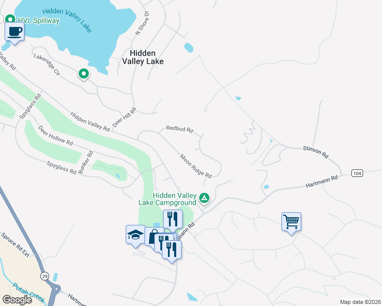 map of restaurants, bars, coffee shops, grocery stores, and more near 17937 Moon Hill Court in Hidden Valley Lake