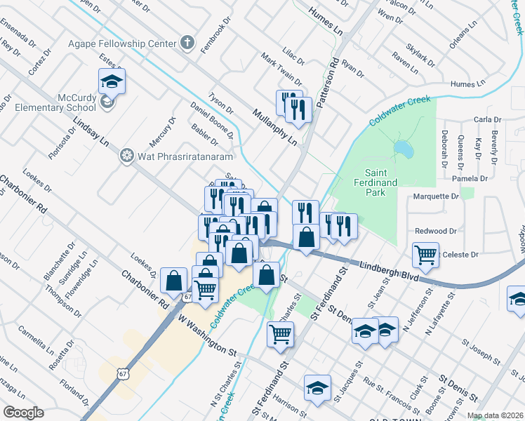 map of restaurants, bars, coffee shops, grocery stores, and more near 1185 Patterson Road in Florissant