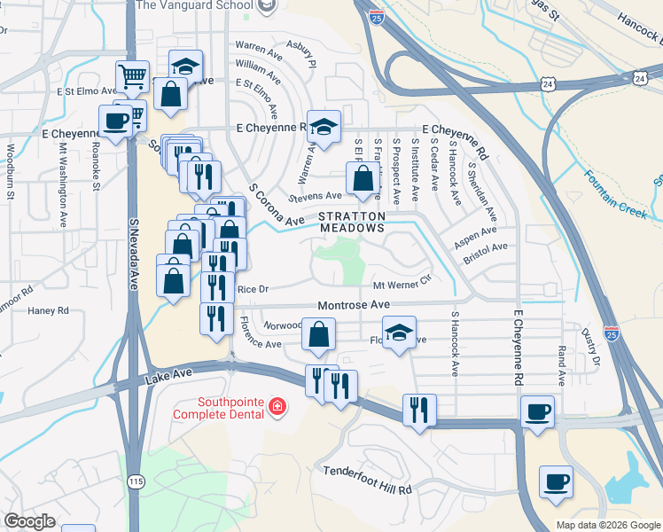 map of restaurants, bars, coffee shops, grocery stores, and more near 2120 Mount Werner Court in Colorado Springs