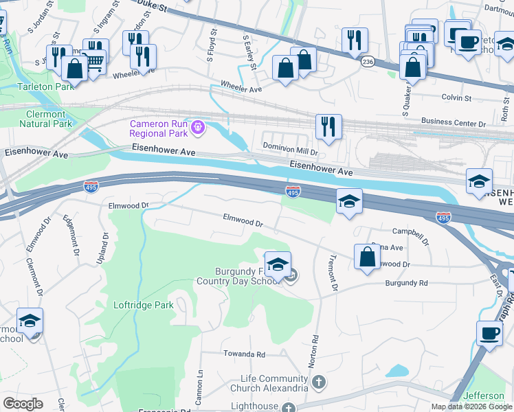 map of restaurants, bars, coffee shops, grocery stores, and more near 3788 Elmwood Towne Way in Alexandria