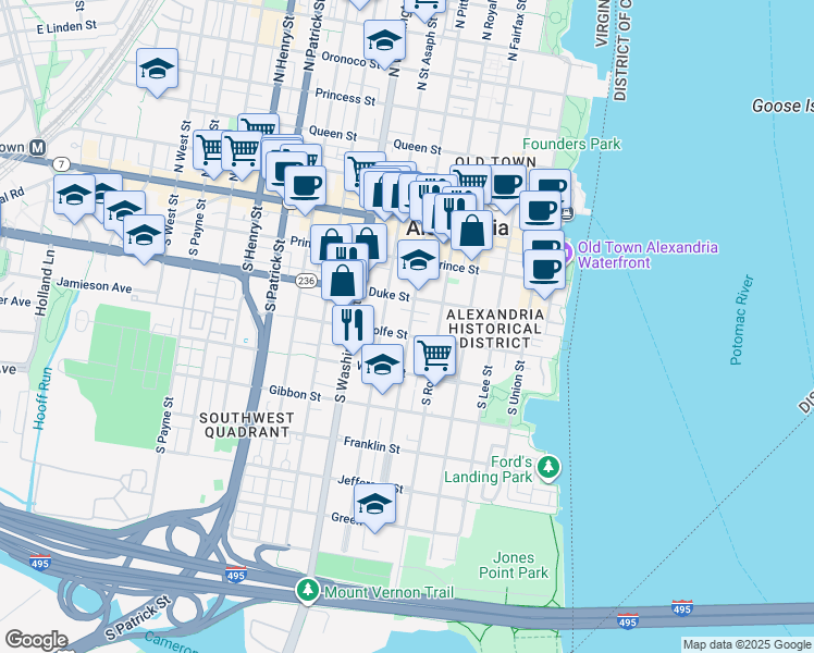 map of restaurants, bars, coffee shops, grocery stores, and more near 323 South Pitt Street in Alexandria