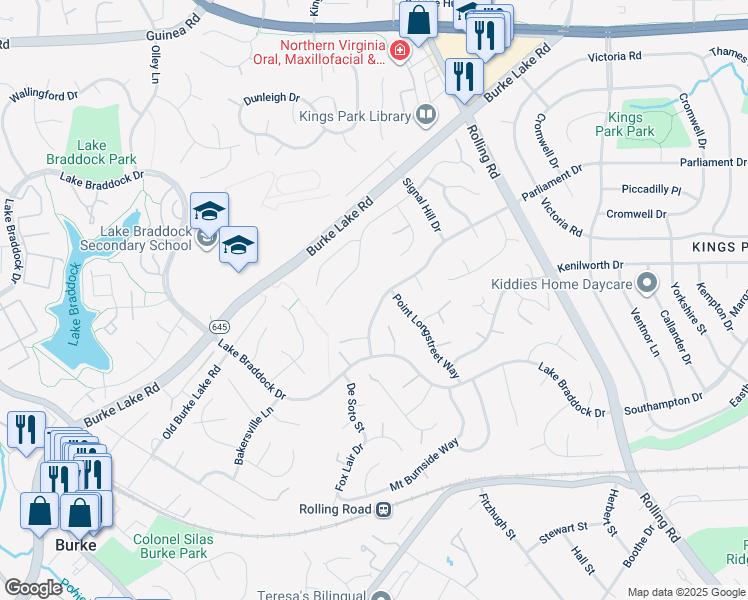 map of restaurants, bars, coffee shops, grocery stores, and more near 9104 Parliament Drive in Burke