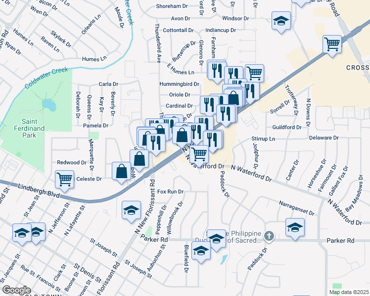 map of restaurants, bars, coffee shops, grocery stores, and more near 2105 N Hwy 67 in Florissant