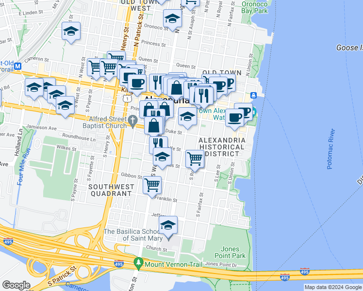 map of restaurants, bars, coffee shops, grocery stores, and more near 323 South Pitt Street in Alexandria