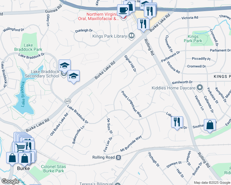 map of restaurants, bars, coffee shops, grocery stores, and more near 9104 Parliament Drive in Burke