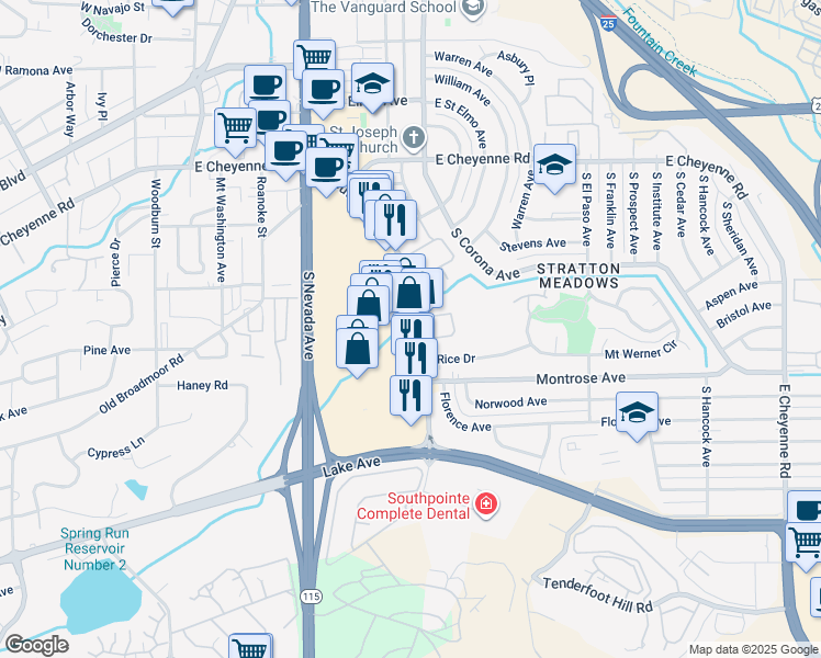 map of restaurants, bars, coffee shops, grocery stores, and more near 2120 Southgate Road in Colorado Springs