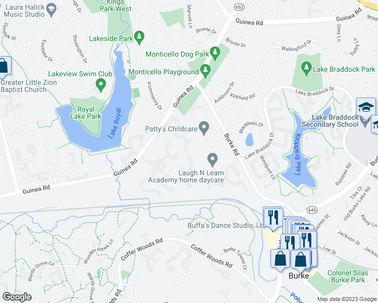 map of restaurants, bars, coffee shops, grocery stores, and more near 9697 Poindexter Court in Burke
