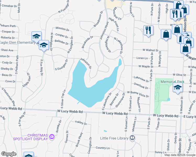 map of restaurants, bars, coffee shops, grocery stores, and more near 305 Johnston Drive in Raymore
