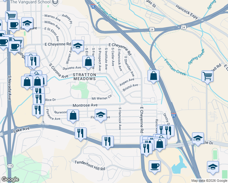map of restaurants, bars, coffee shops, grocery stores, and more near 1135 Mount Werner Circle in Colorado Springs