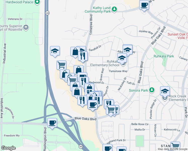 map of restaurants, bars, coffee shops, grocery stores, and more near 6525 Garfield Court in Rocklin