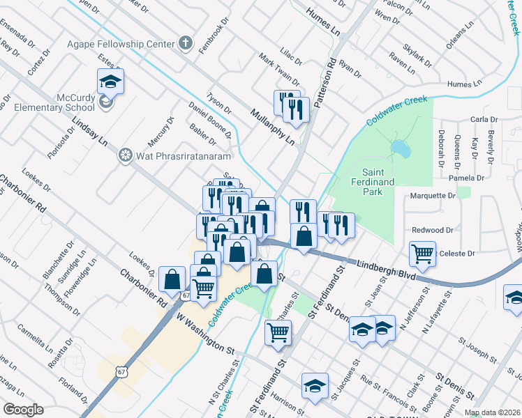 map of restaurants, bars, coffee shops, grocery stores, and more near 1185 Patterson Road in Florissant