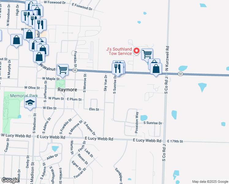 map of restaurants, bars, coffee shops, grocery stores, and more near 223 South Sunrise Drive in Raymore