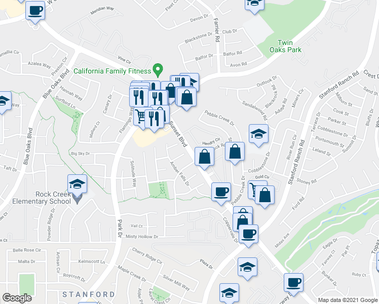 map of restaurants, bars, coffee shops, grocery stores, and more near Sunset Boulevard in Rocklin