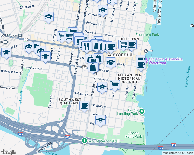 map of restaurants, bars, coffee shops, grocery stores, and more near 615 Wolfe Street in Alexandria