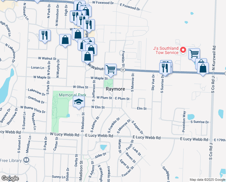 map of restaurants, bars, coffee shops, grocery stores, and more near 302 South Washington Street in Raymore