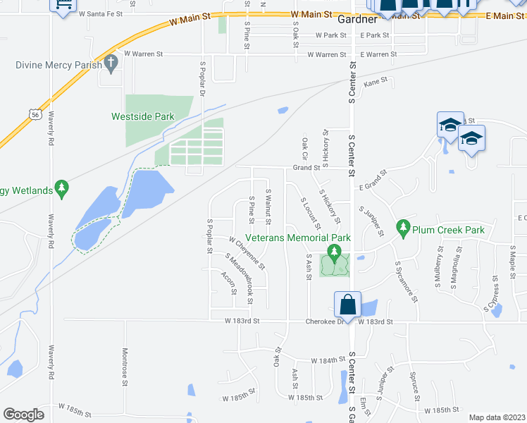 map of restaurants, bars, coffee shops, grocery stores, and more near 586 South Walnut Street in Gardner