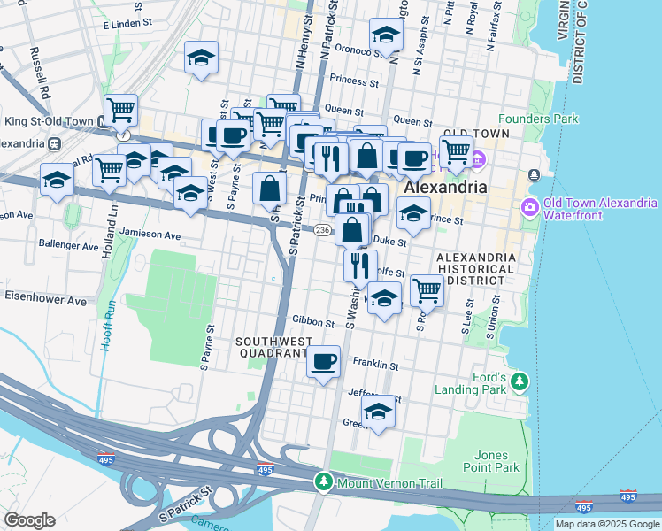 map of restaurants, bars, coffee shops, grocery stores, and more near 411 South Columbus Street in Alexandria