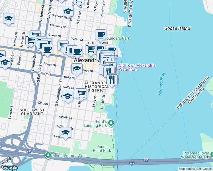map of restaurants, bars, coffee shops, grocery stores, and more near 300 South Union Street in Alexandria
