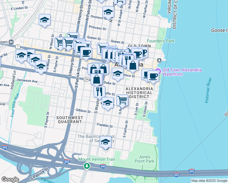 map of restaurants, bars, coffee shops, grocery stores, and more near 321 South Pitt Street in Alexandria