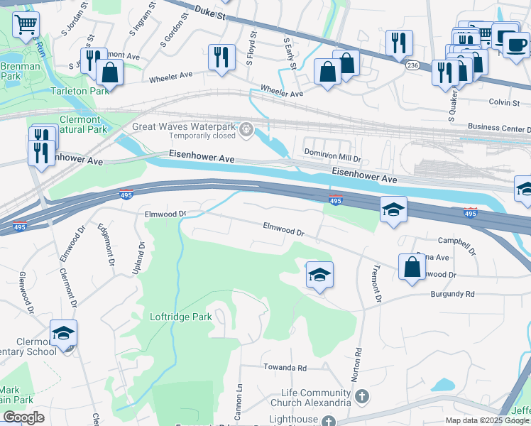 map of restaurants, bars, coffee shops, grocery stores, and more near 3828 Elmwood Towne Way in Alexandria