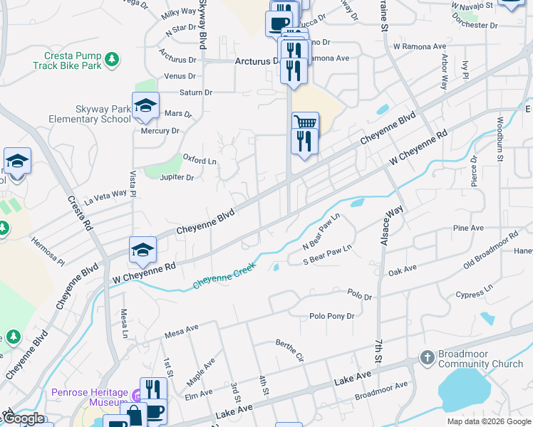 map of restaurants, bars, coffee shops, grocery stores, and more near 19 Wolfe Avenue in Colorado Springs