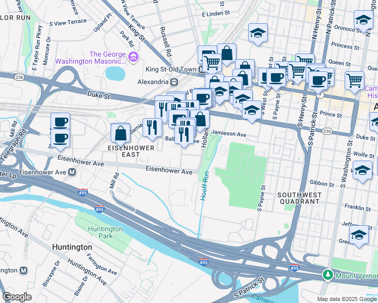 map of restaurants, bars, coffee shops, grocery stores, and more near 1853 Emerson Avenue in Alexandria