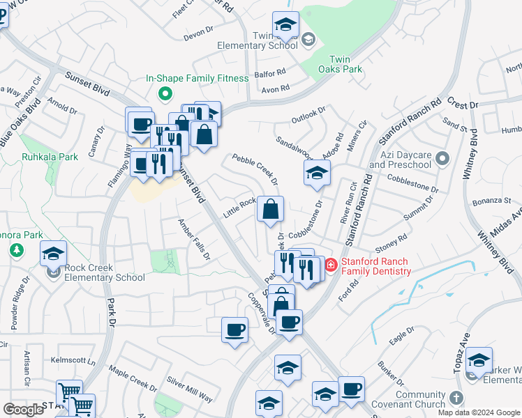 map of restaurants, bars, coffee shops, grocery stores, and more near 3104 Strand Road in Rocklin