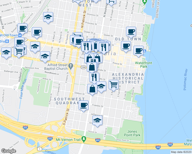 map of restaurants, bars, coffee shops, grocery stores, and more near 615 Wolfe Street in Alexandria