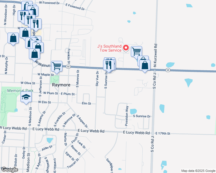 map of restaurants, bars, coffee shops, grocery stores, and more near 303 South Sunrise Drive in Raymore