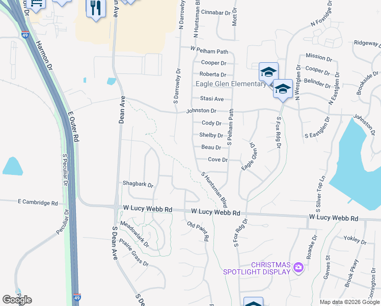 map of restaurants, bars, coffee shops, grocery stores, and more near 240 South Huntsman Boulevard in Raymore