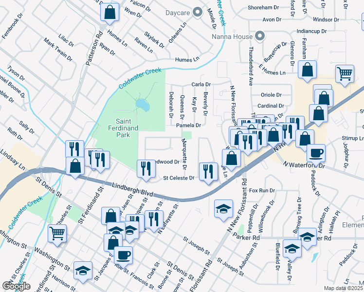 map of restaurants, bars, coffee shops, grocery stores, and more near 32 Marquette Drive in Florissant