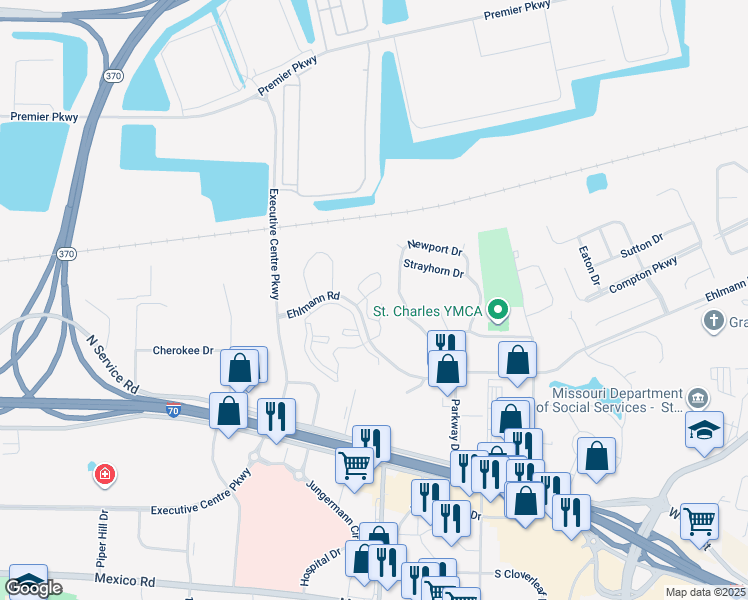 map of restaurants, bars, coffee shops, grocery stores, and more near 419 Newport Drive in St. Peters