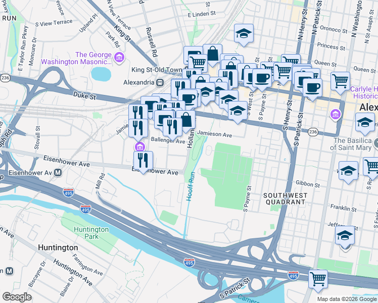 map of restaurants, bars, coffee shops, grocery stores, and more near Holland Lane in Alexandria