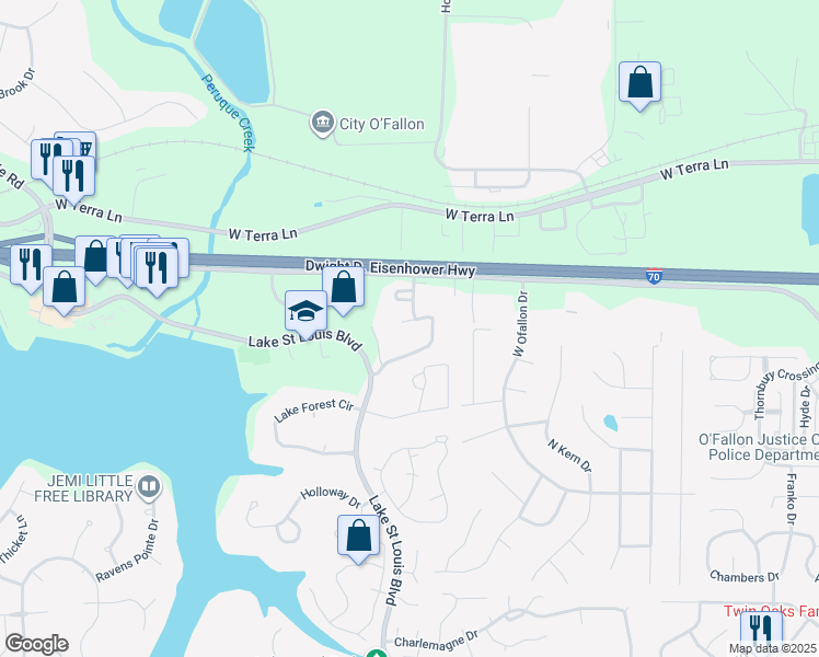 map of restaurants, bars, coffee shops, grocery stores, and more near 441 Bent Oak Drive in Lake Saint Louis